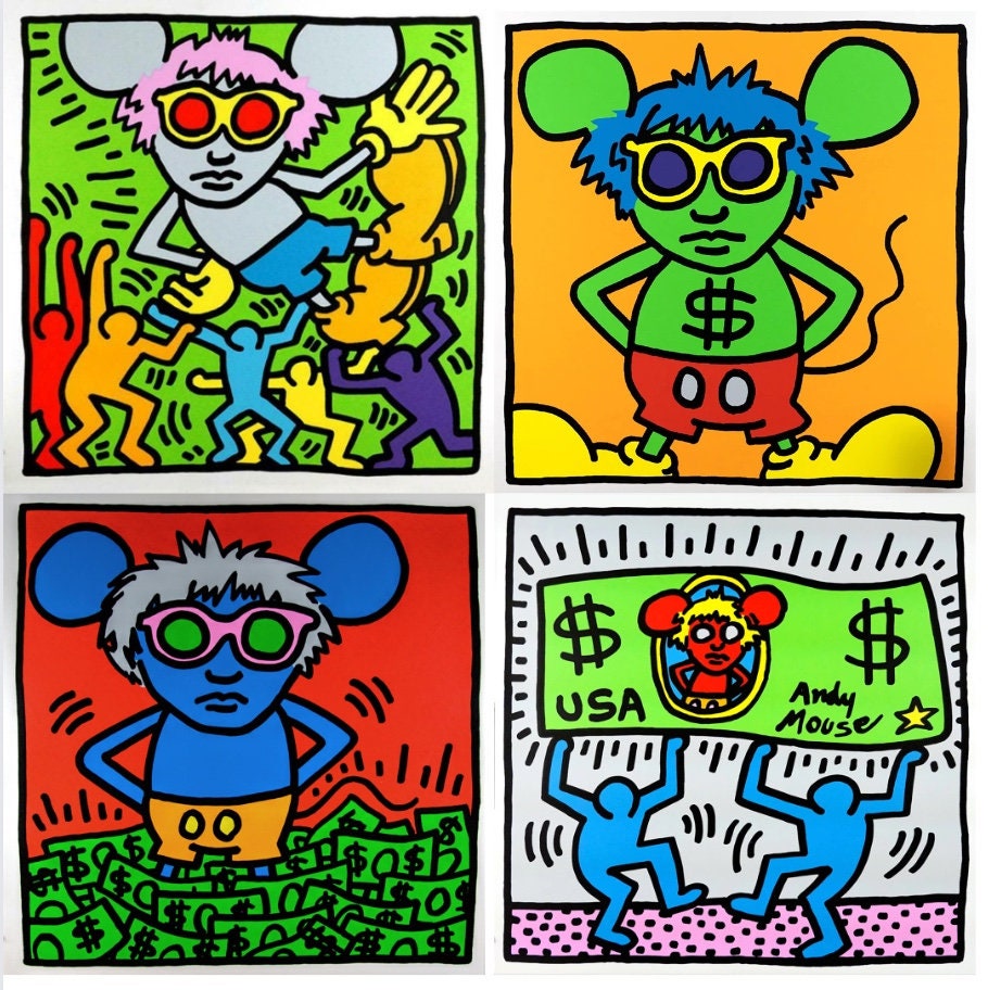 Full Sized Keith Haring- 4 Piece Pkg: 4 ANDY MOUSE PIECES -Silkscreens (Screenprints)- Pop Art Beauties- Shipped Flat- Highest Quality